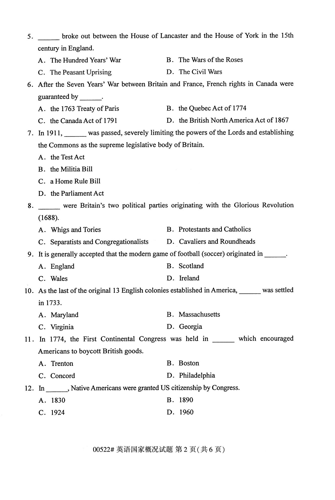 全国2020年10月自学考试00522英语国家概况试题