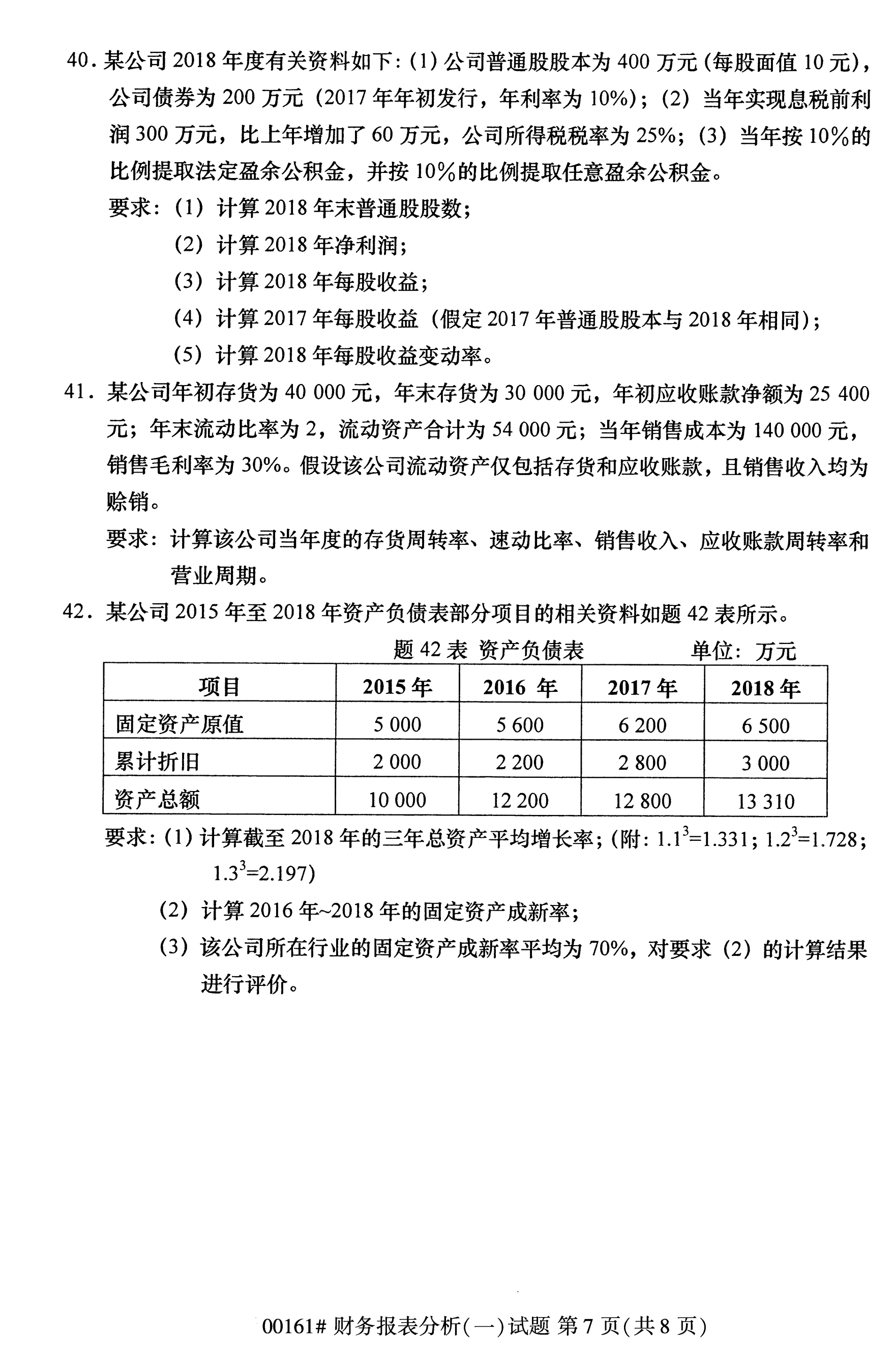 全国2020年10月自学考试00161财务报表分析(一)试题